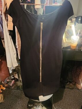 Haute Monde Black Mini Dress with Gold Center Zipper